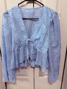 Light Blue Floral Tie-Front Blouse